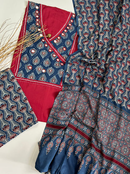 Ajrakh Cotton Dress Material with Original Mirror Work