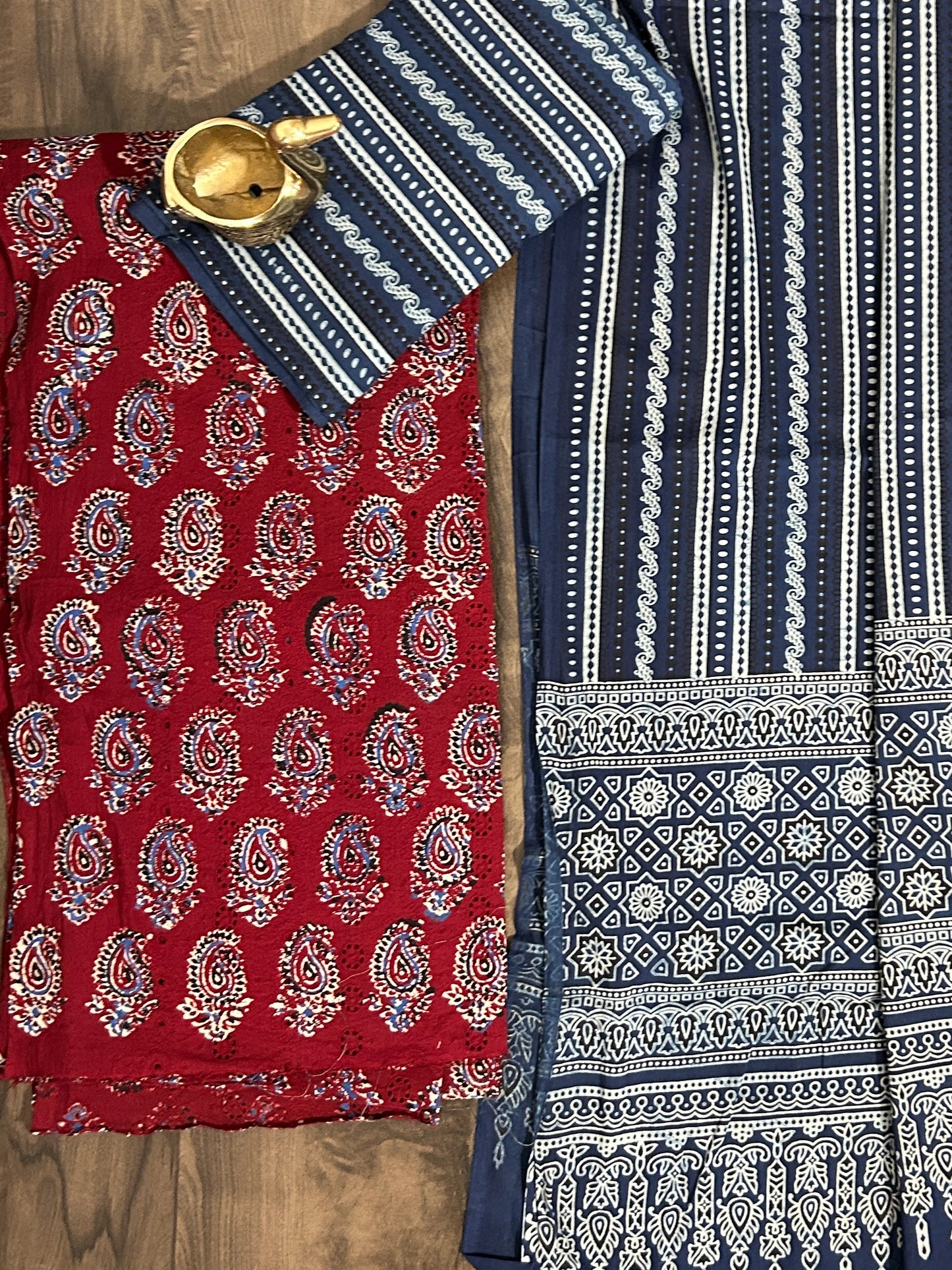Ajrakh Cotton Dress Material with Hakoba Top