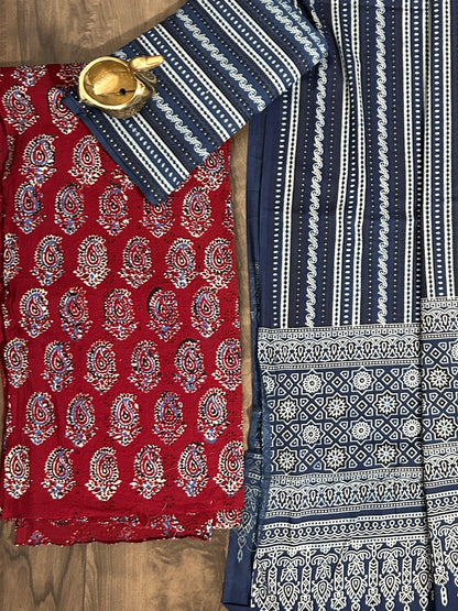 Ajrakh Cotton Dress Material with Hakoba Top