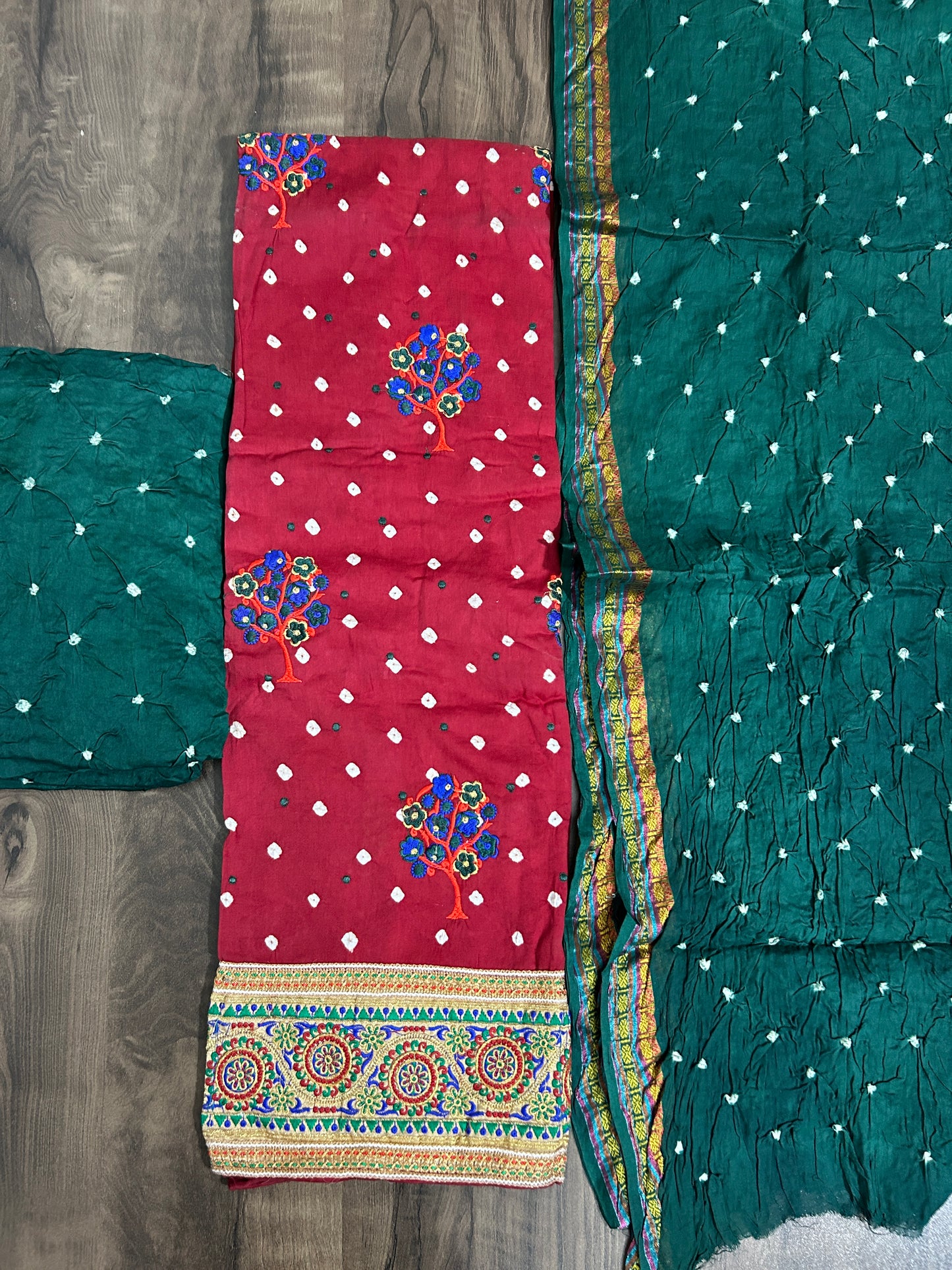 Embroidered Cotton Bandhej Dress Material