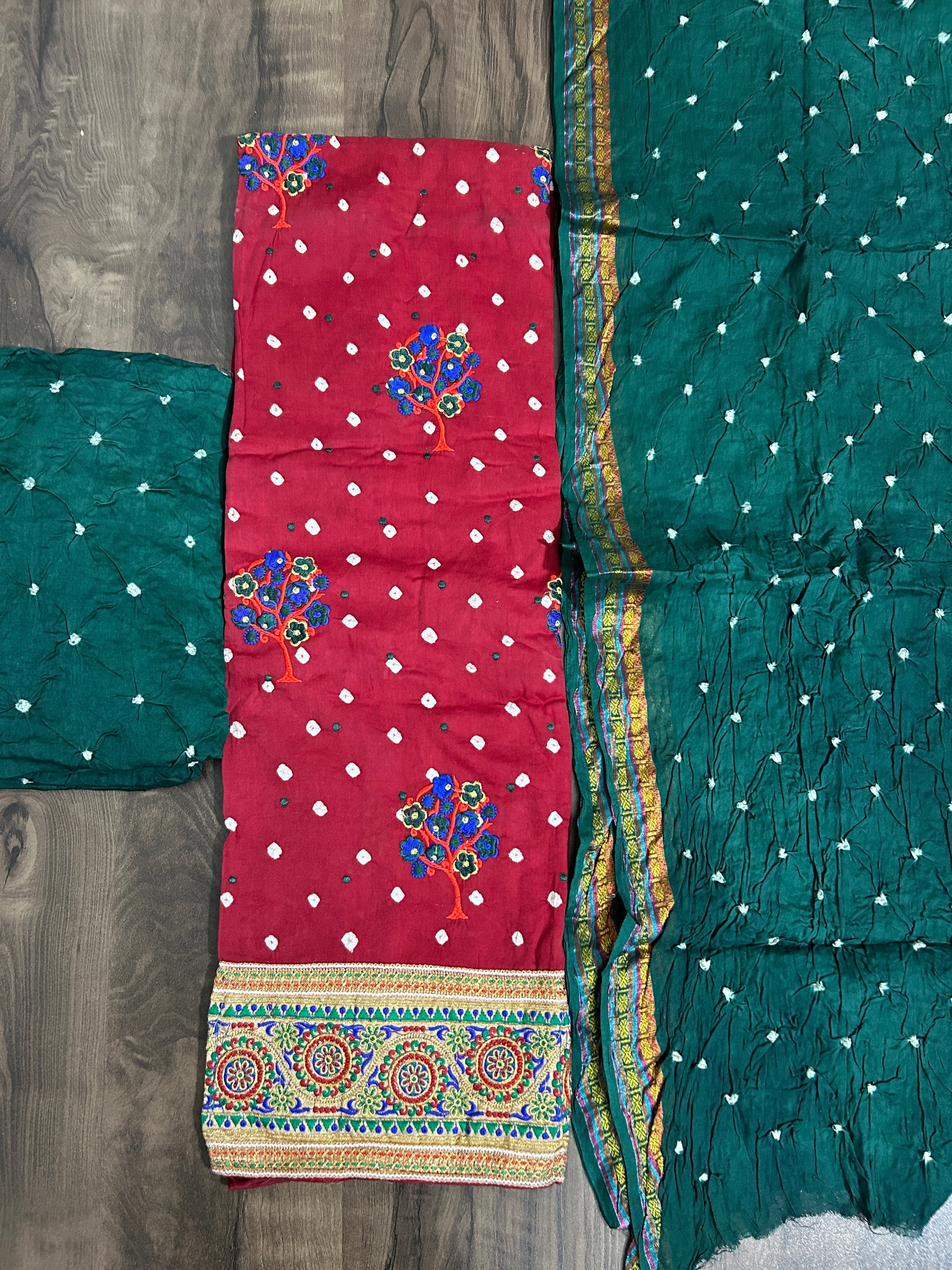 Embroidered Cotton Bandhej Dress Material