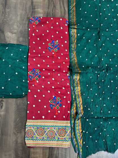 Embroidered Cotton Bandhej Dress Material