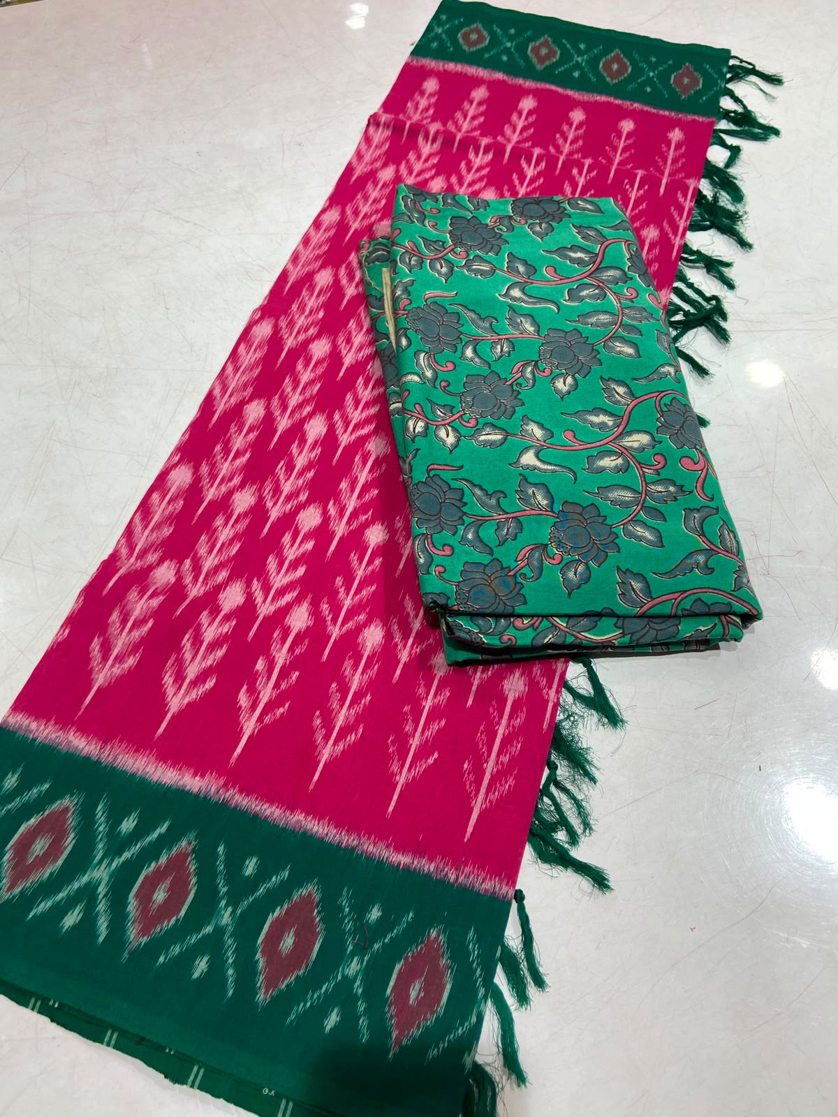 Kalamkari Silk Top with Ikat Mercerized Cotton Dupatta