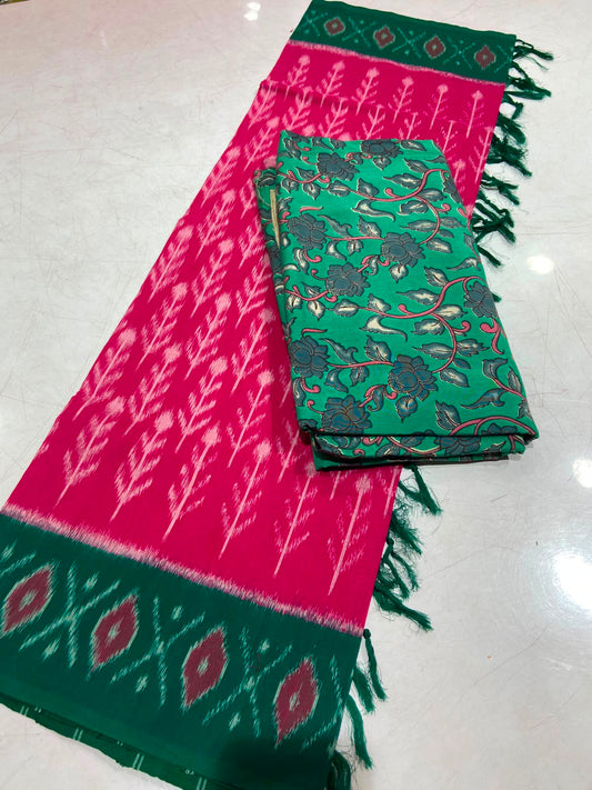 Kalamkari Silk Top with Ikat Mercerized Cotton Dupatta