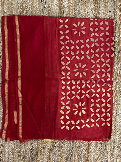 Red Appliqué Work Chanderi Silk Kurti Fabric