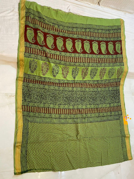 Bagh Print Cotton Saree with zari Border