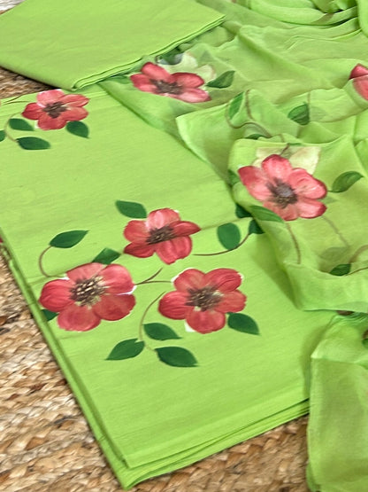 Hand Painted Cotton Dress Material with Chiffon Dupatta