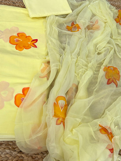 Hand Painted Cotton Dress Material with Chiffon Dupatta