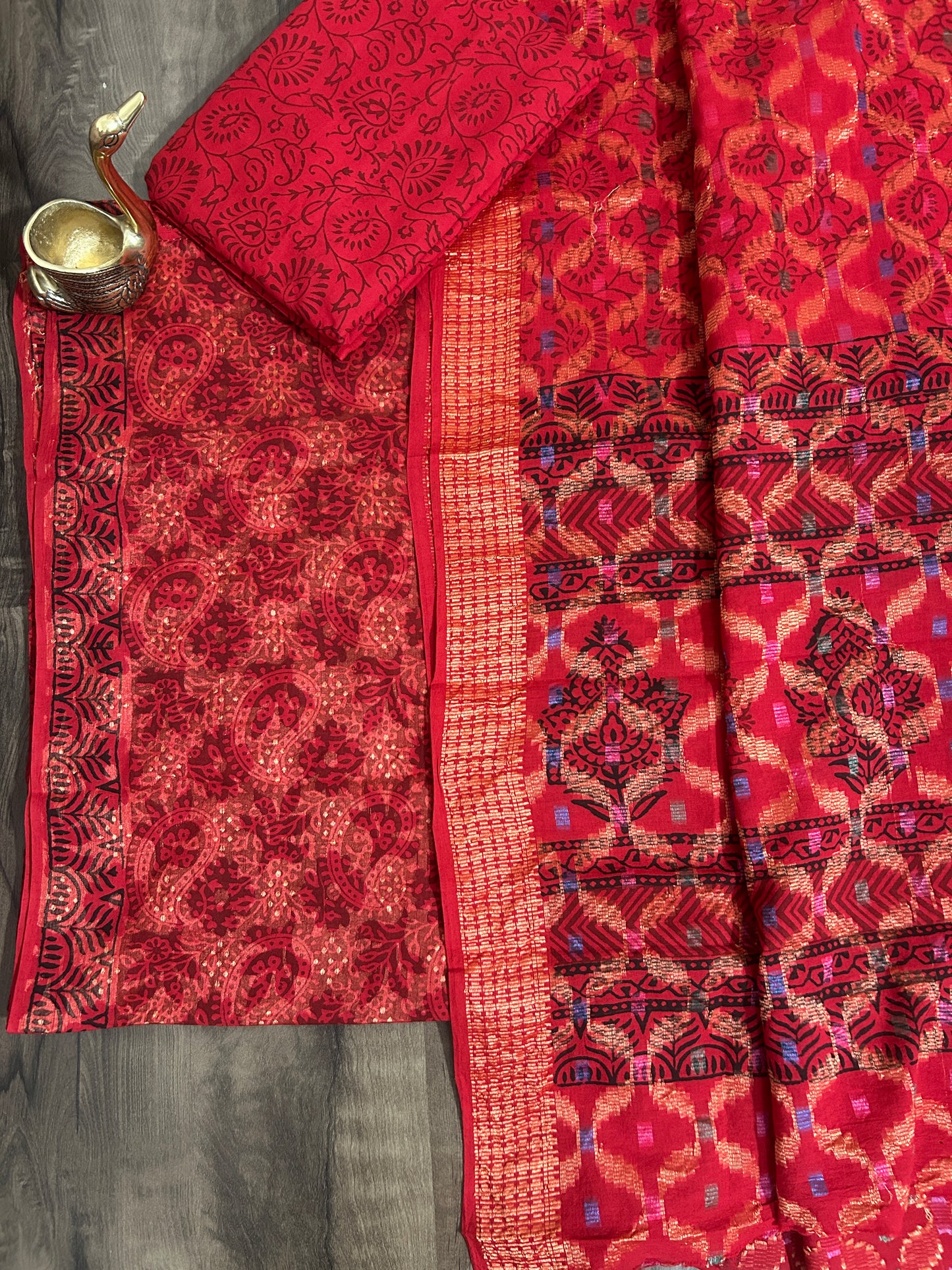 Red Bagh Print Cotton Dress Material with zari Weaving Border