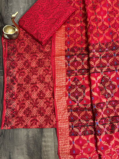 Red Bagh Print Cotton Dress Material with zari Weaving Border