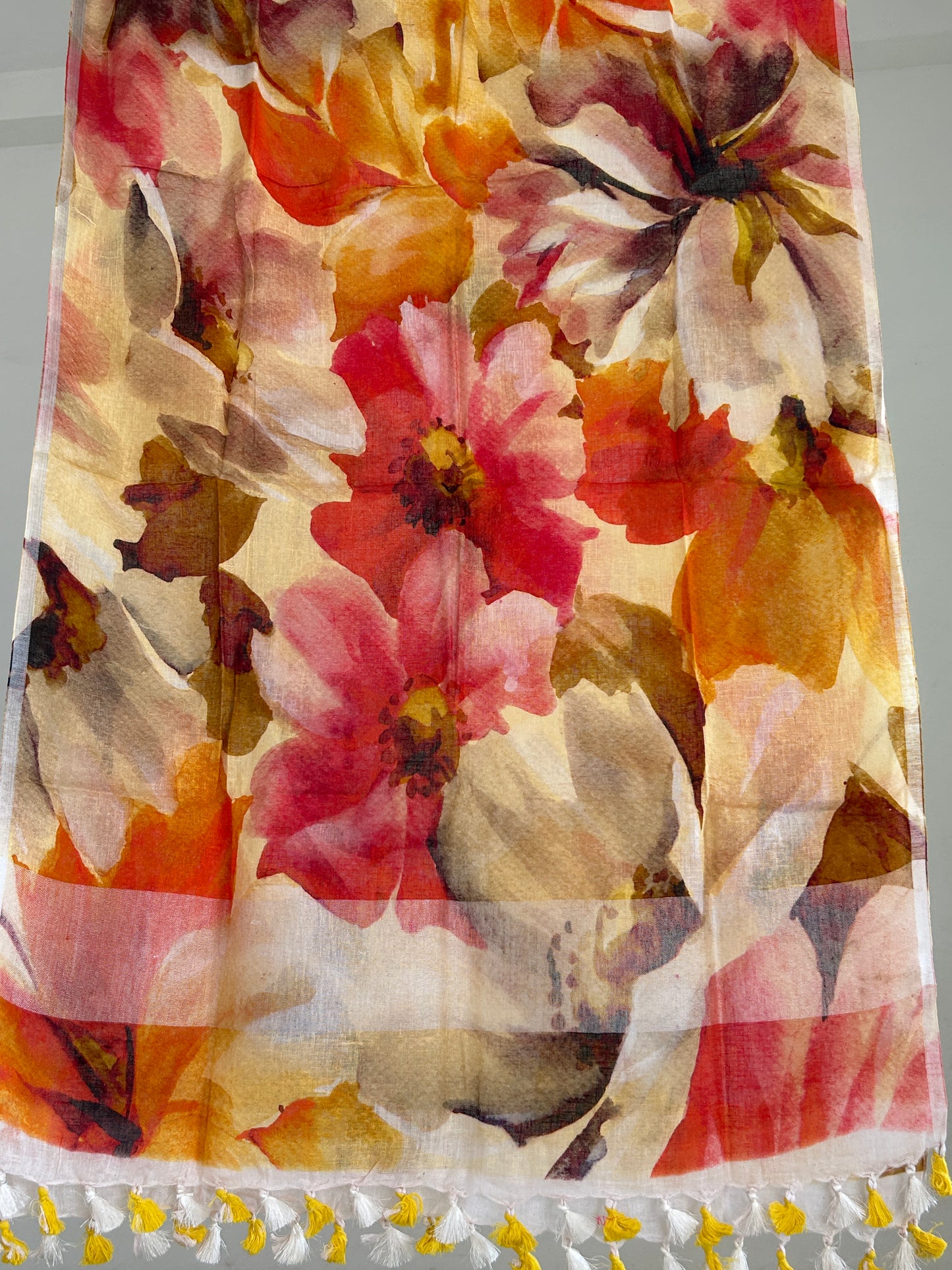 Linen Digital Print Dupatta with Silver Border and tassels