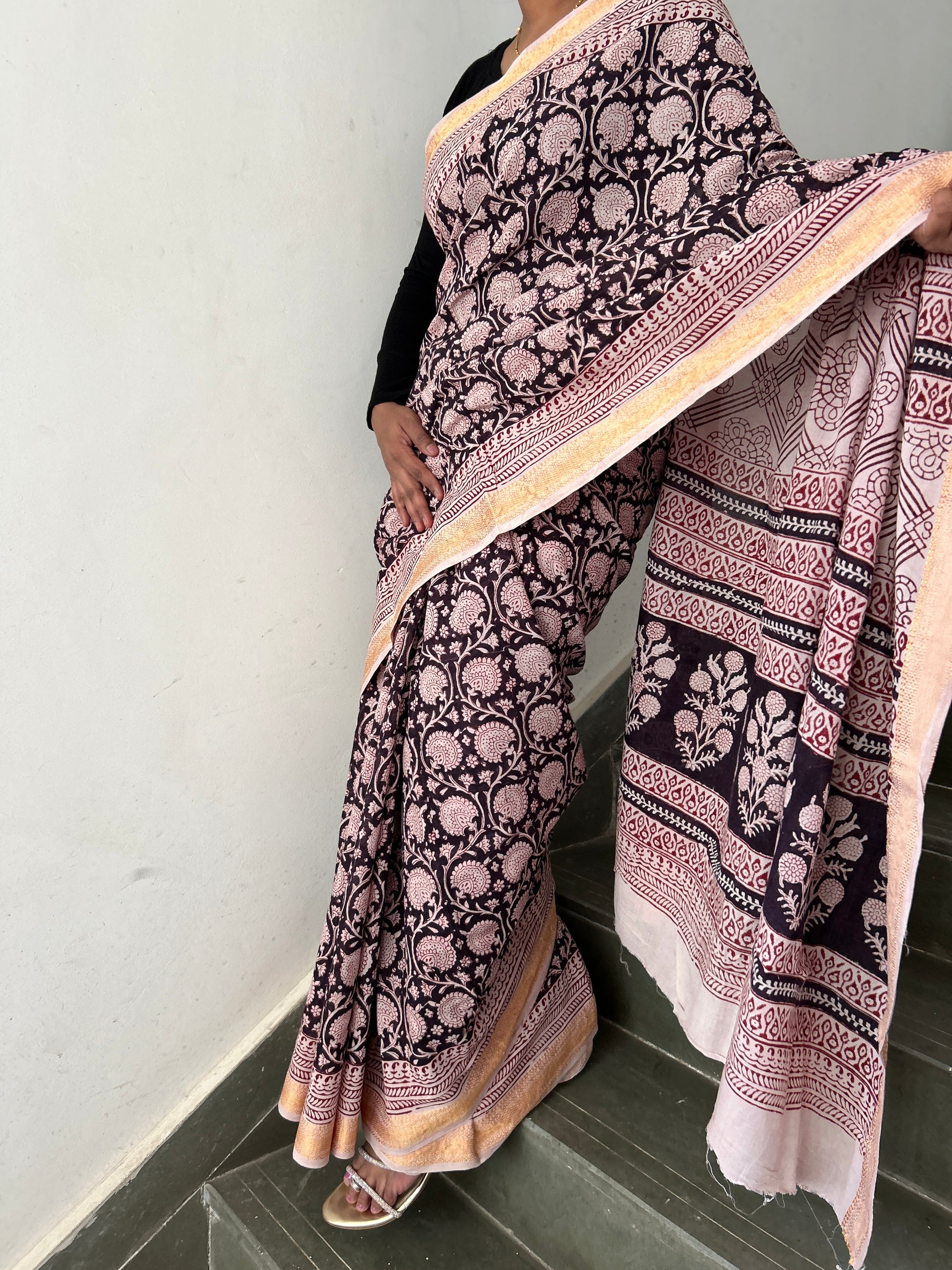 Bagh Print Cotton Saree with Zari Border