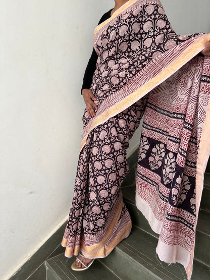 Bagh Print Cotton Saree with Zari Border