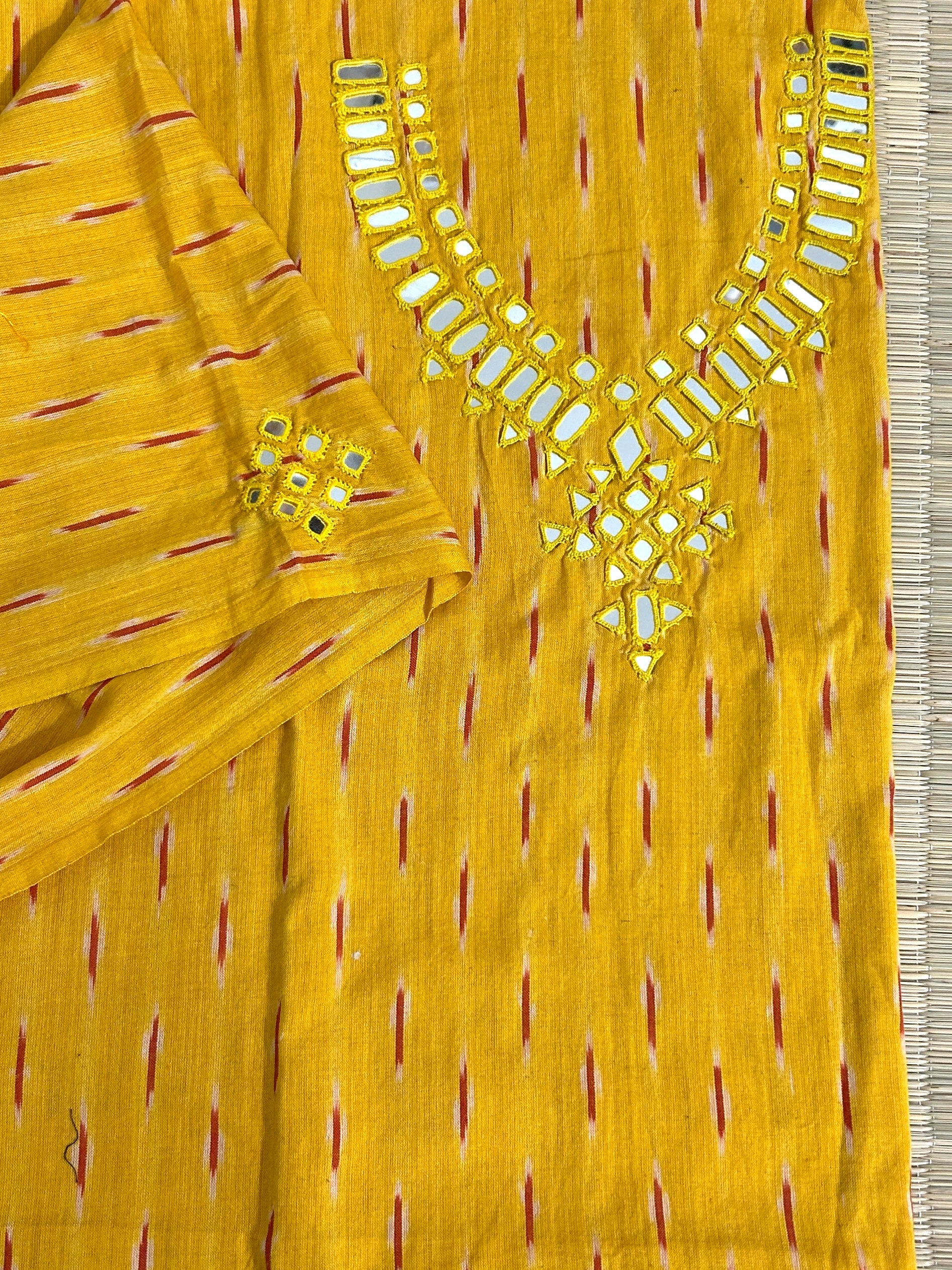 Peach Mirror Work Ikat Cotton Unstitched Kurti