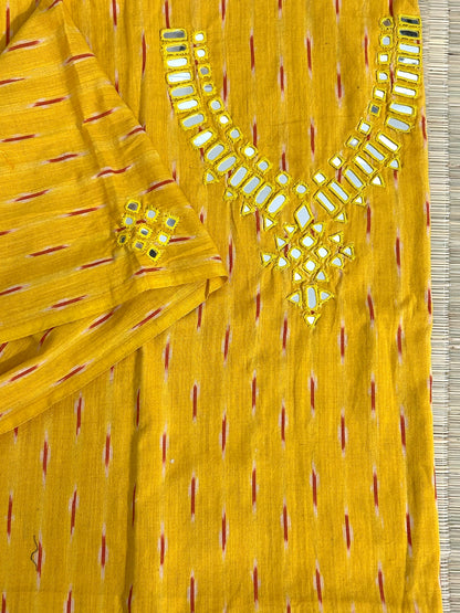 Peach Mirror Work Ikat Cotton Unstitched Kurti