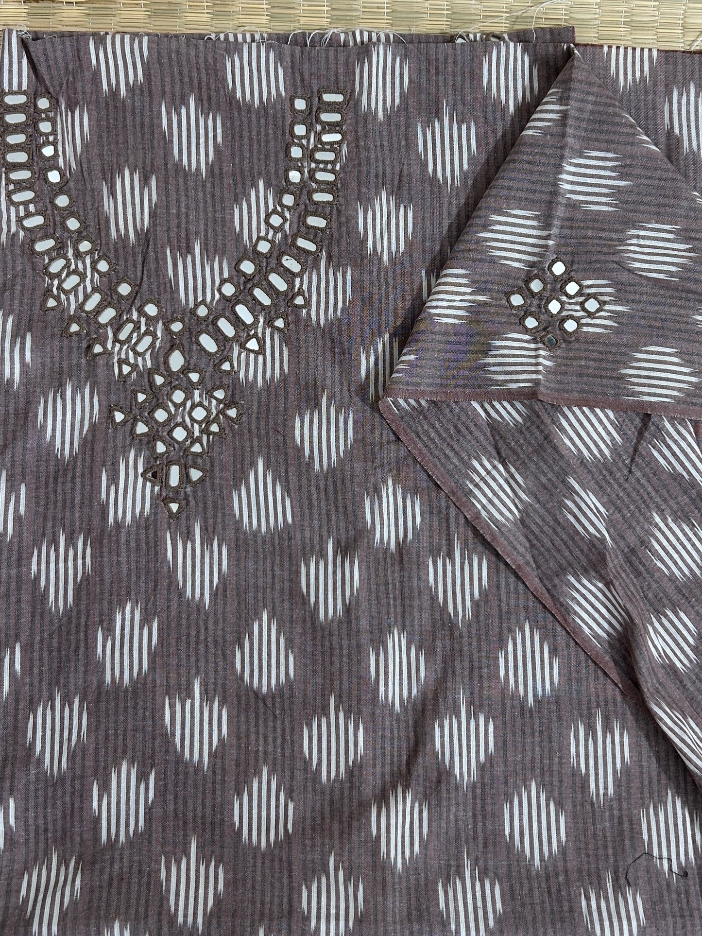 Peach Mirror Work Ikat Cotton Unstitched Kurti