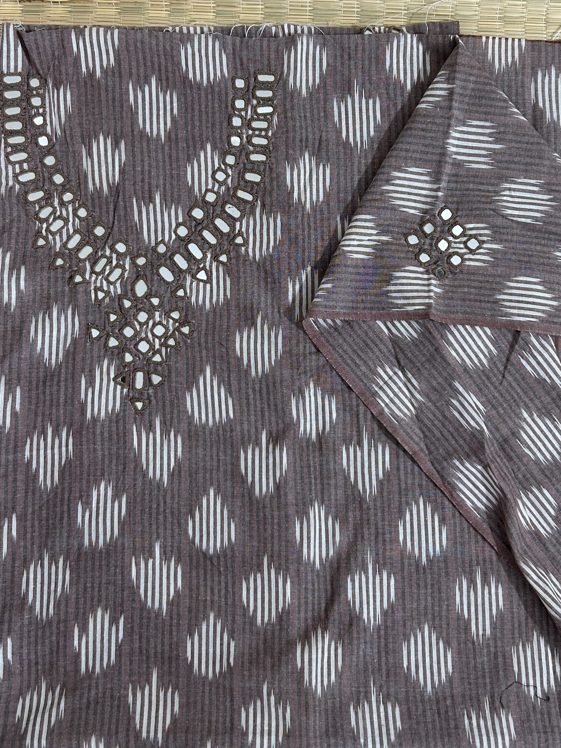 Peach Mirror Work Ikat Cotton Unstitched Kurti