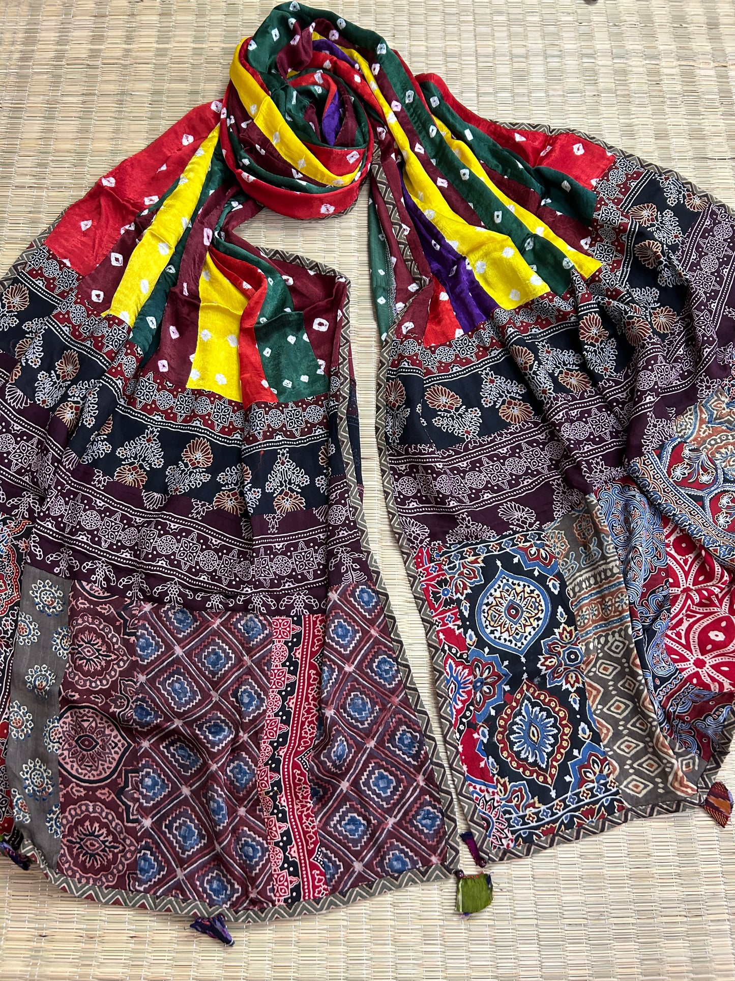 Ajrakh Bandhej Patch Work Modal Silk Dupatta (D62)