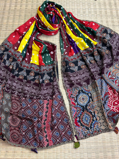 Ajrakh Bandhej Patch Work Modal Silk Dupatta (D62)