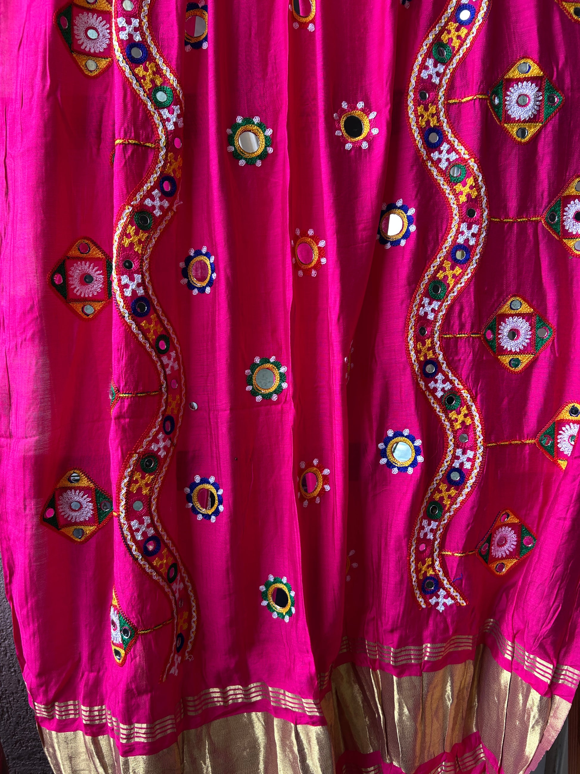 Pink Semi Modal Mirror Work and &nbsp;Kutchh Work Dupatta with lagdi patta