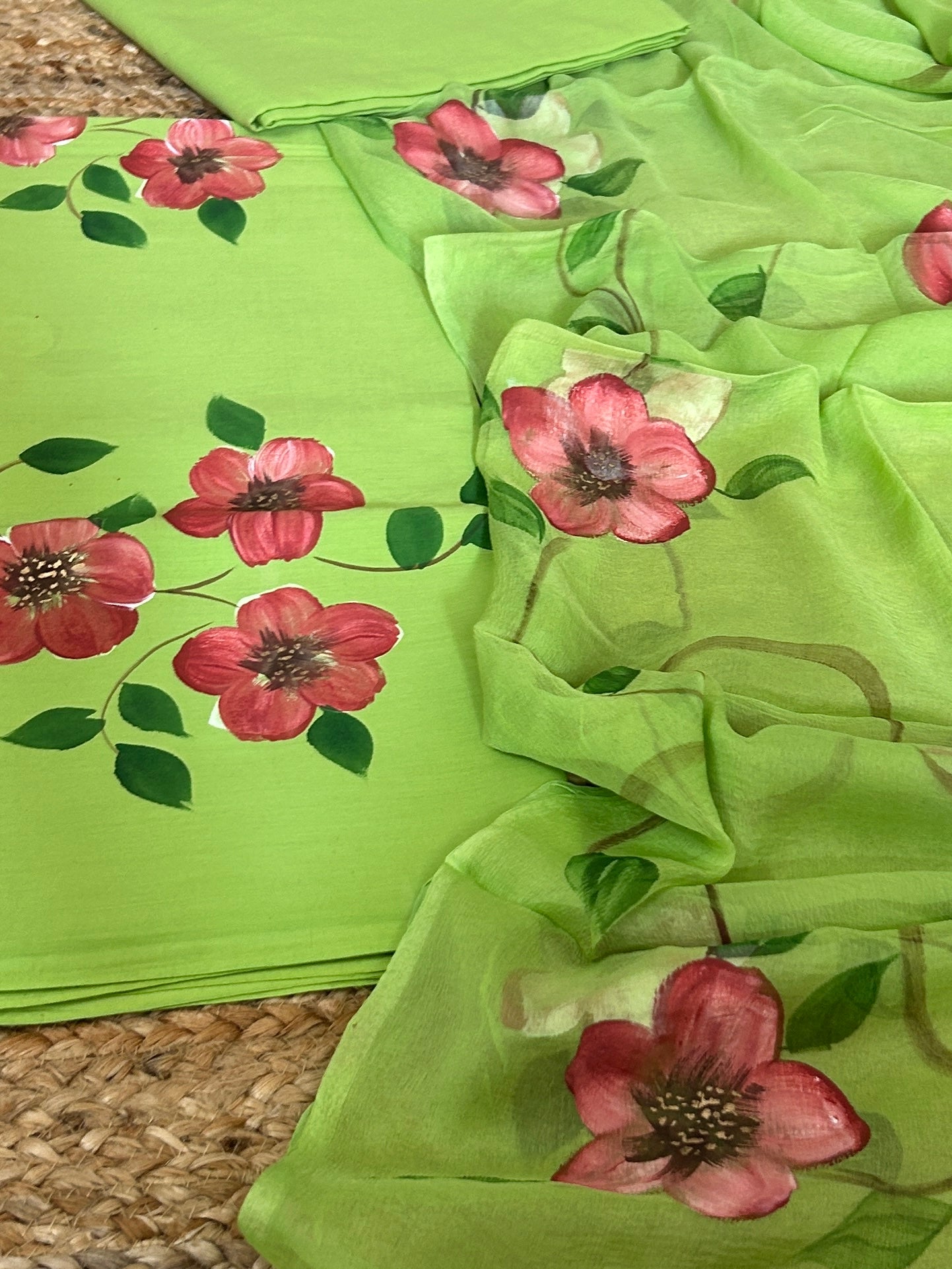 Hand Painted Cotton Dress Material with Chiffon Dupatta
