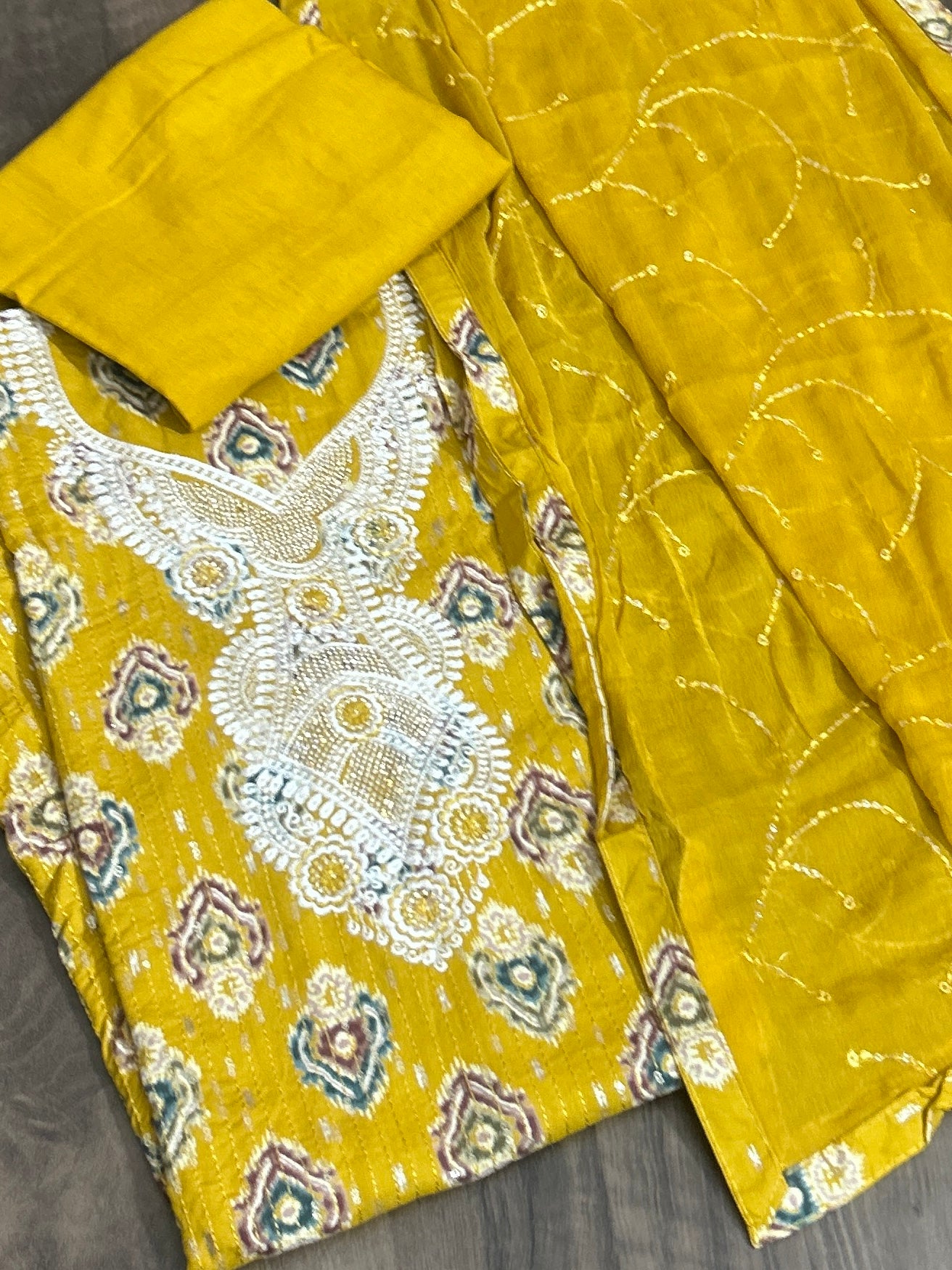 Yellow Embroidered Cotton Dress Material with Chiffon Dupatta&nbsp;