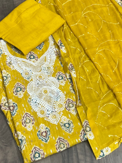 Yellow Embroidered Cotton Dress Material with Chiffon Dupatta&nbsp;