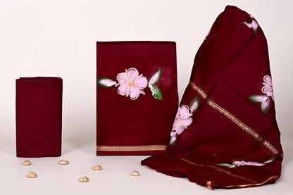 Wine Hand Painted Chanderi Silk Cotton Dress Material