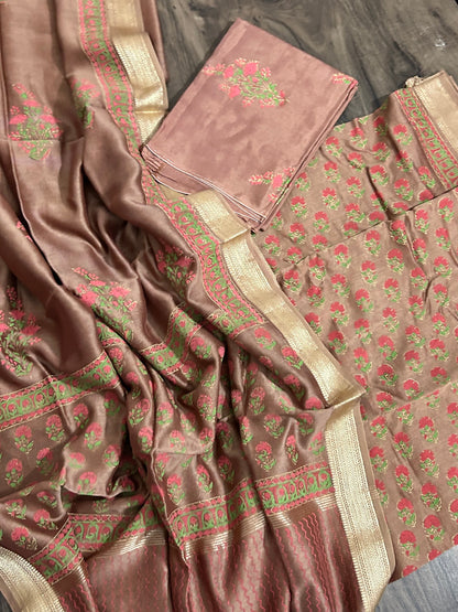 Hand Block Print Maheshwari Silk Dress Material with Shantoon Bottom