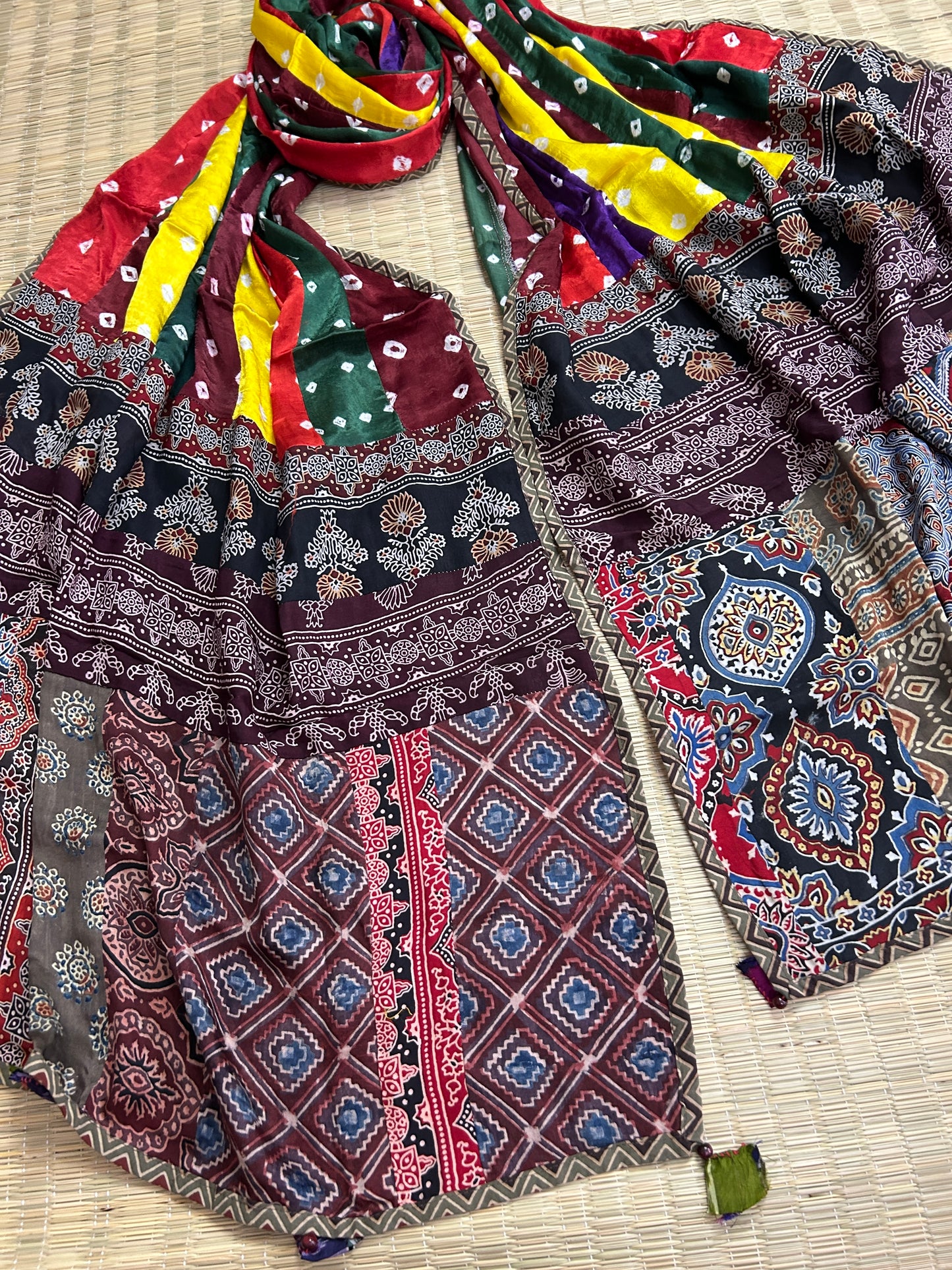Ajrakh Bandhej Patch Work Modal Silk Dupatta (D62)