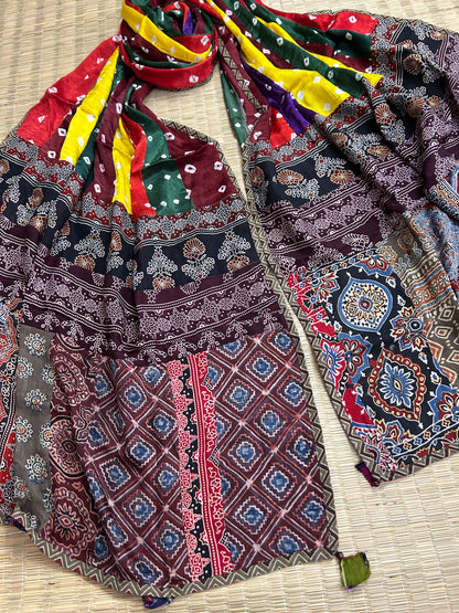 Ajrakh Bandhej Patch Work Modal Silk Dupatta (D62)