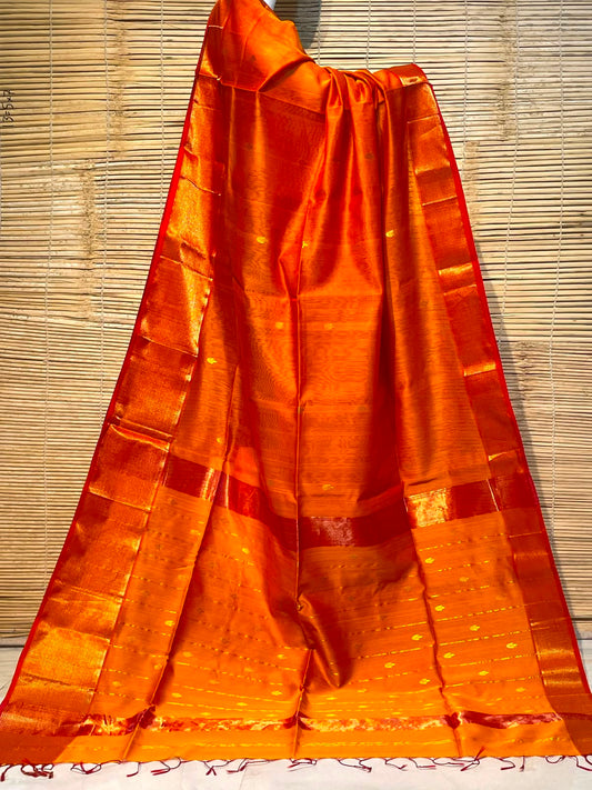 Orange Maheshwari Silk Cotton Handloom Saree with Blouse
