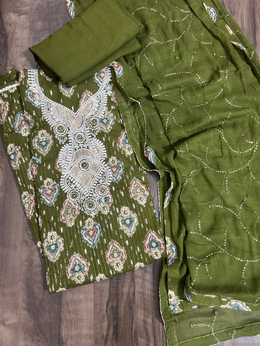 Embroidered Cotton Dress Material with Chiffon Dupatta