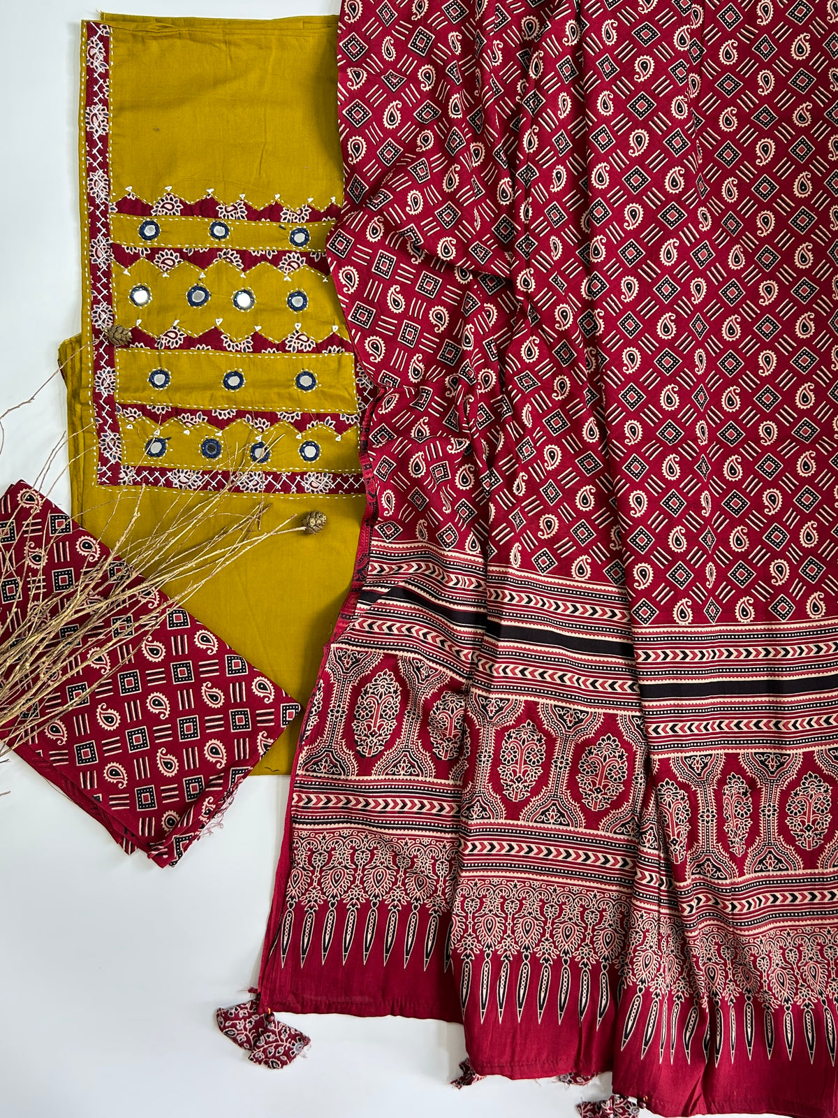 Ajrakh Cotton Dress Material with Original Mirror Work