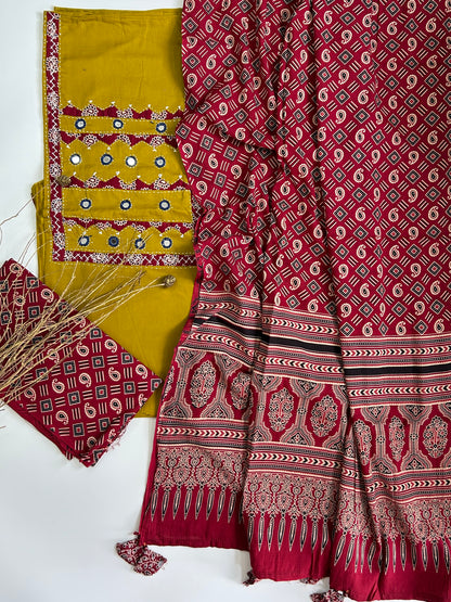 Ajrakh Cotton Dress Material with Original Mirror Work