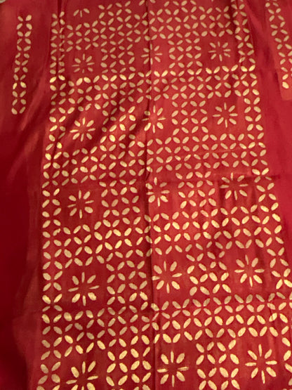 Red Appliqué Work Chanderi Silk Kurti Fabric