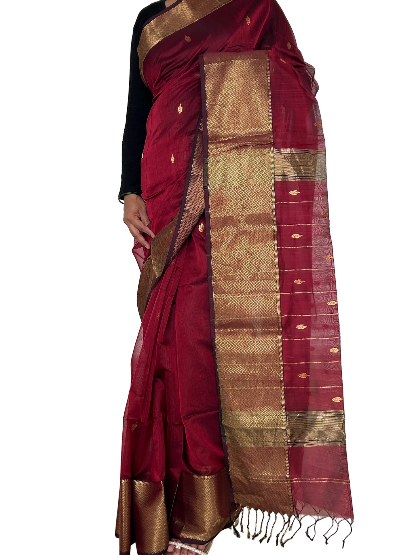 Maroon Maheshwari Silk Cotton Handloom Saree with Blouse