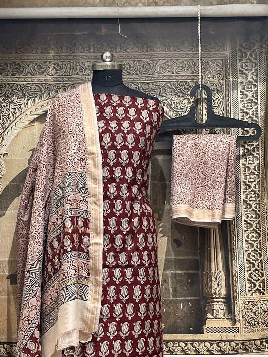 Bagh print Maheshwari Silk Cotton Dress Material