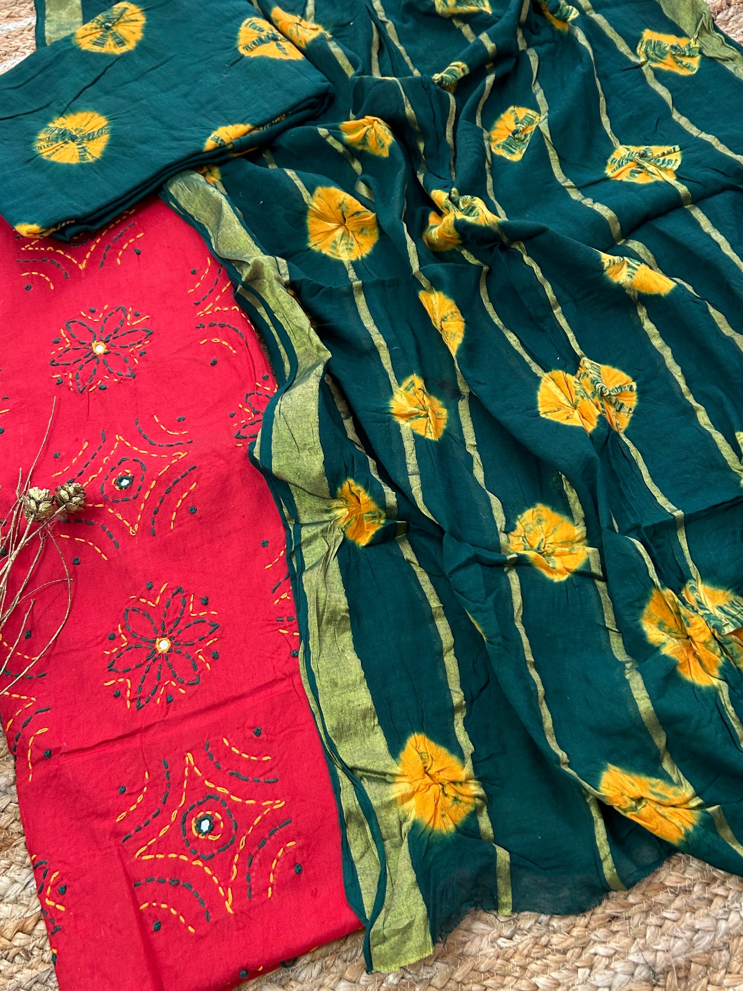 Bandhej Cotton Embroidered Dress Material