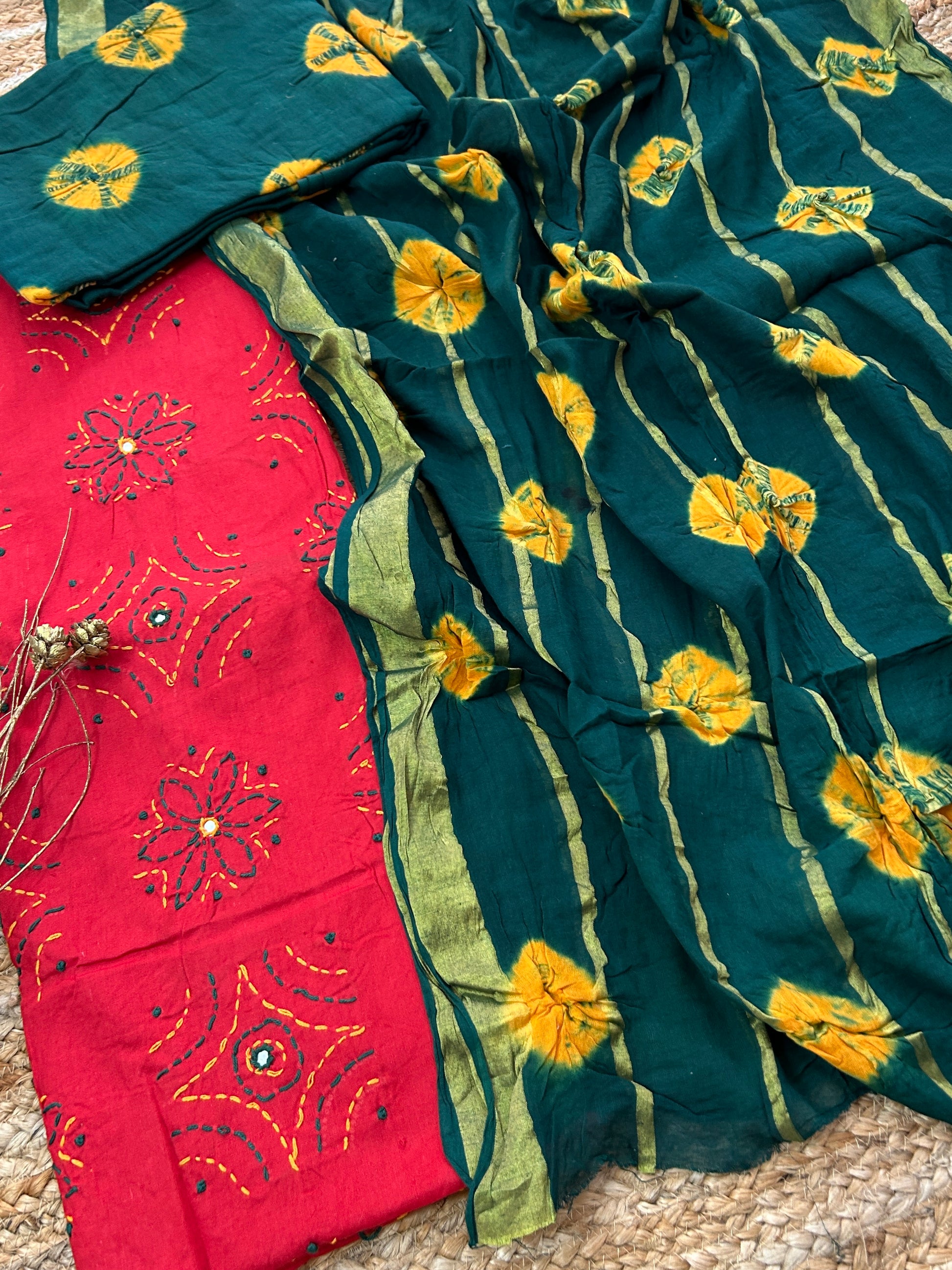 Bandhej Cotton Embroidered Dress Material