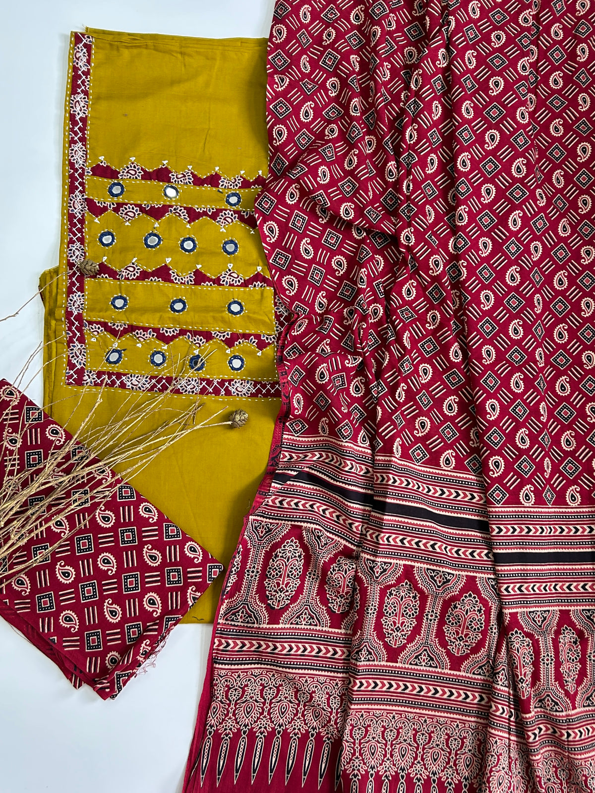 Ajrakh Cotton Dress Material with Original Mirror Work