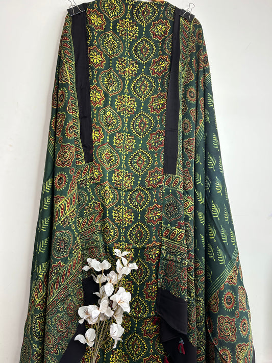 * Green Ajrakh Modal Silk 2 pc Dress Material