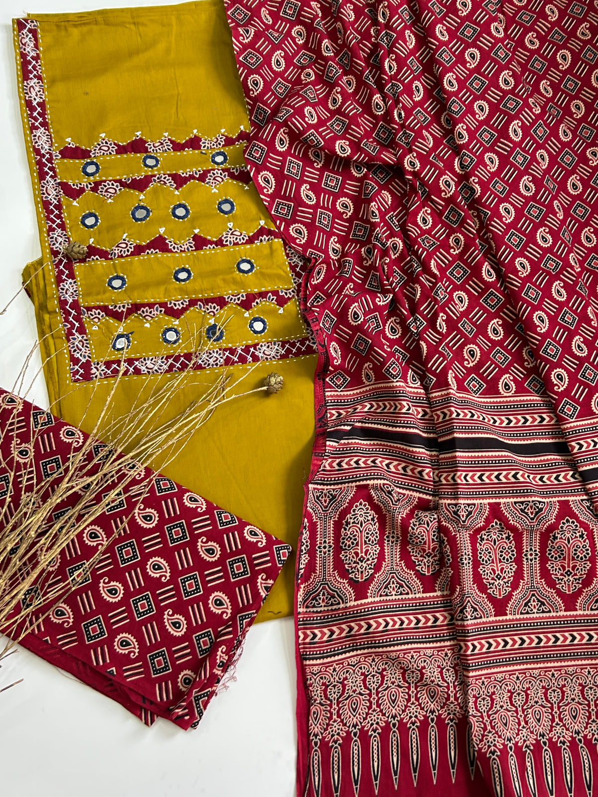 Ajrakh Cotton Dress Material with Original Mirror Work