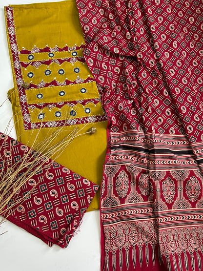 Ajrakh Cotton Dress Material with Original Mirror Work