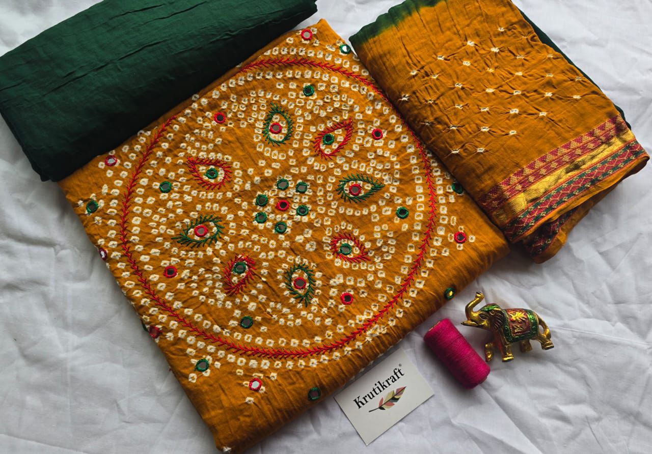 Bandhej HandWork Cotton Dress Material with Mirror work