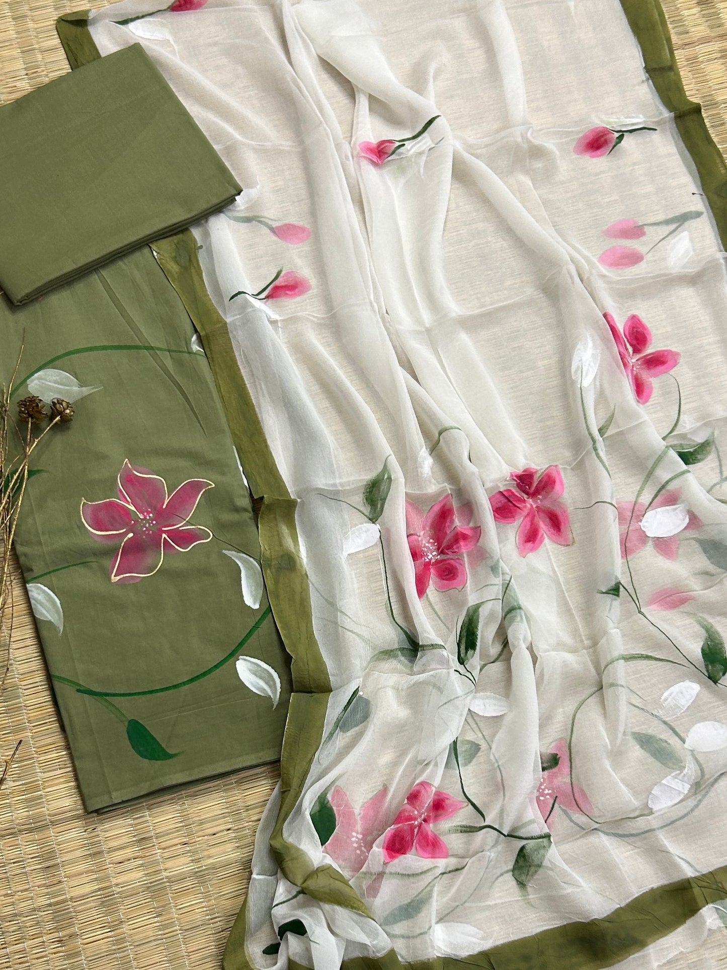 Hand Painted Cotton Dress Material with Chiffon Dupatta
