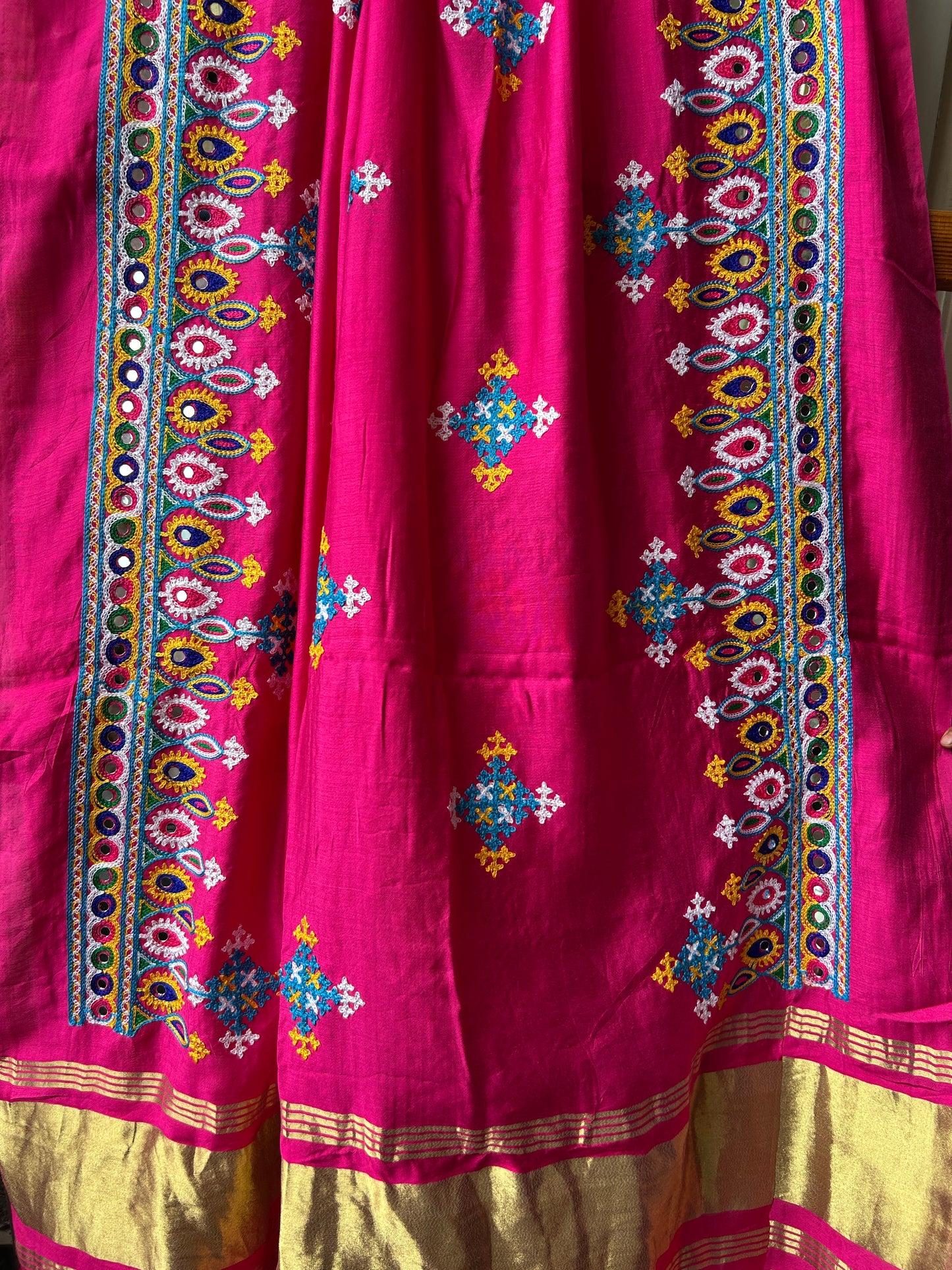 Pink Semi Modal Mirror Work and &nbsp;Kutchh Work Dupatta with lagdi patta