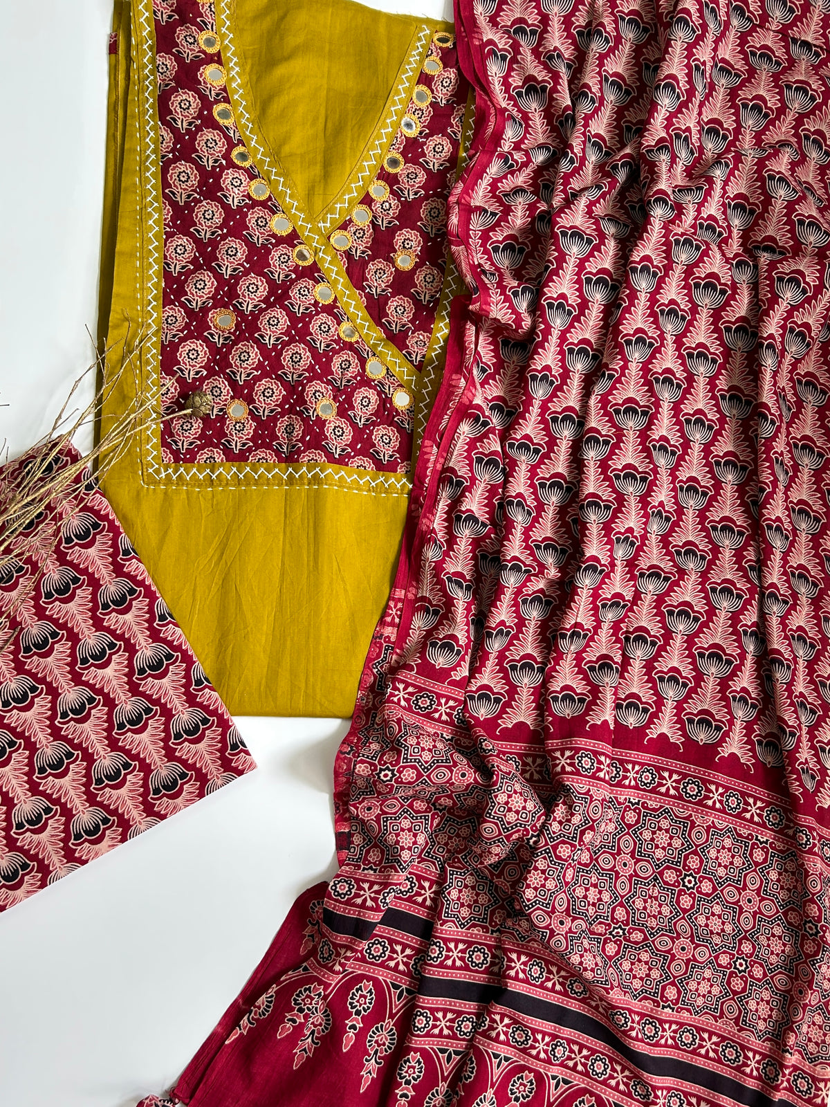 Ajrakh Cotton Dress Material with Original Mirror Work