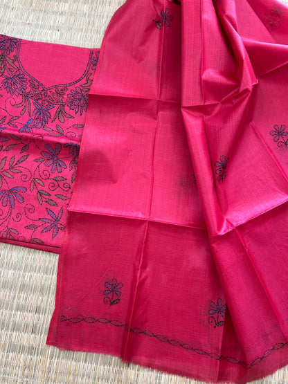Tussar Silk Cotton Kantha Work top dupatta set