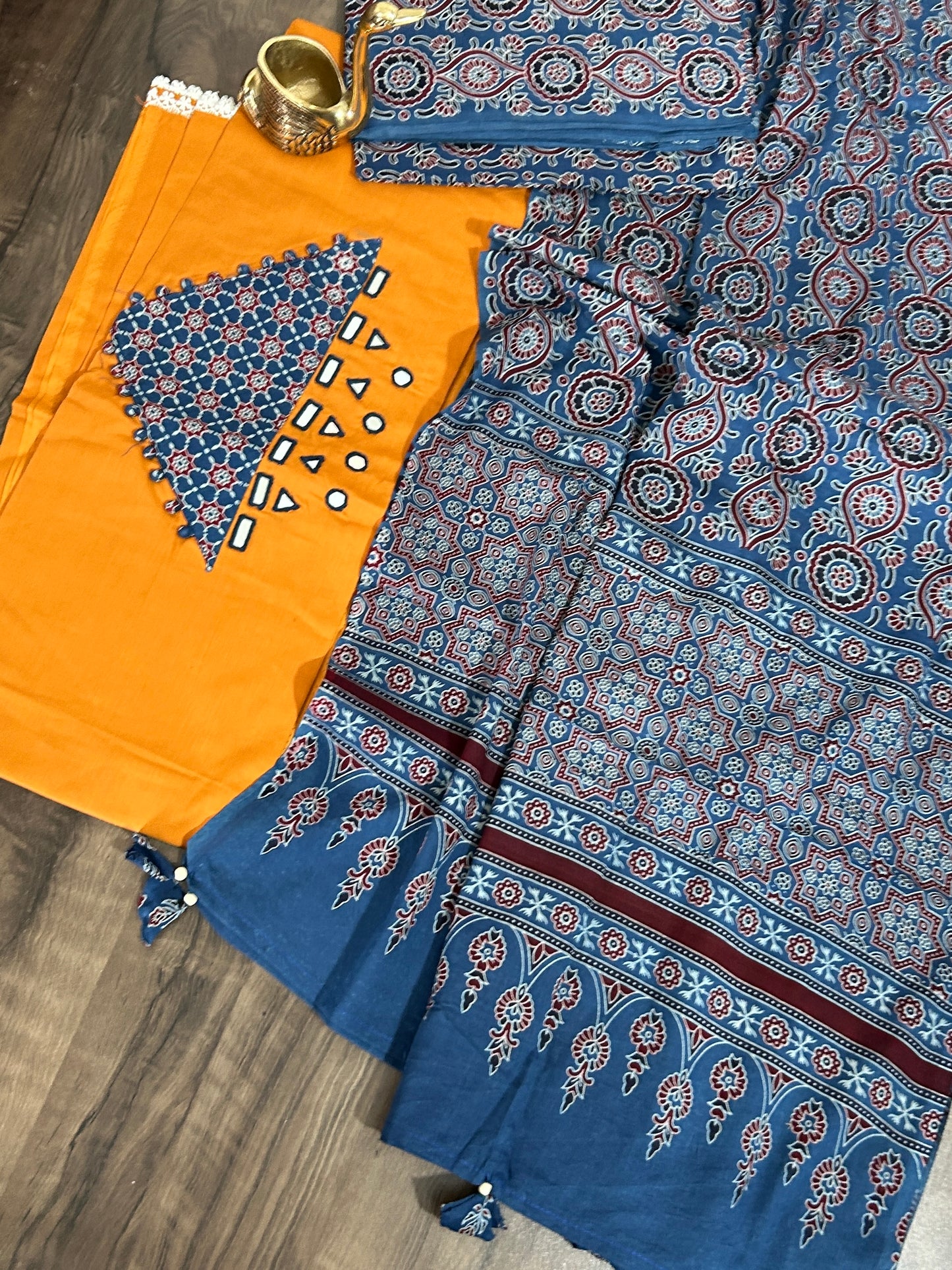 Ajrakh Cotton Dress Material with Original Mirror Work